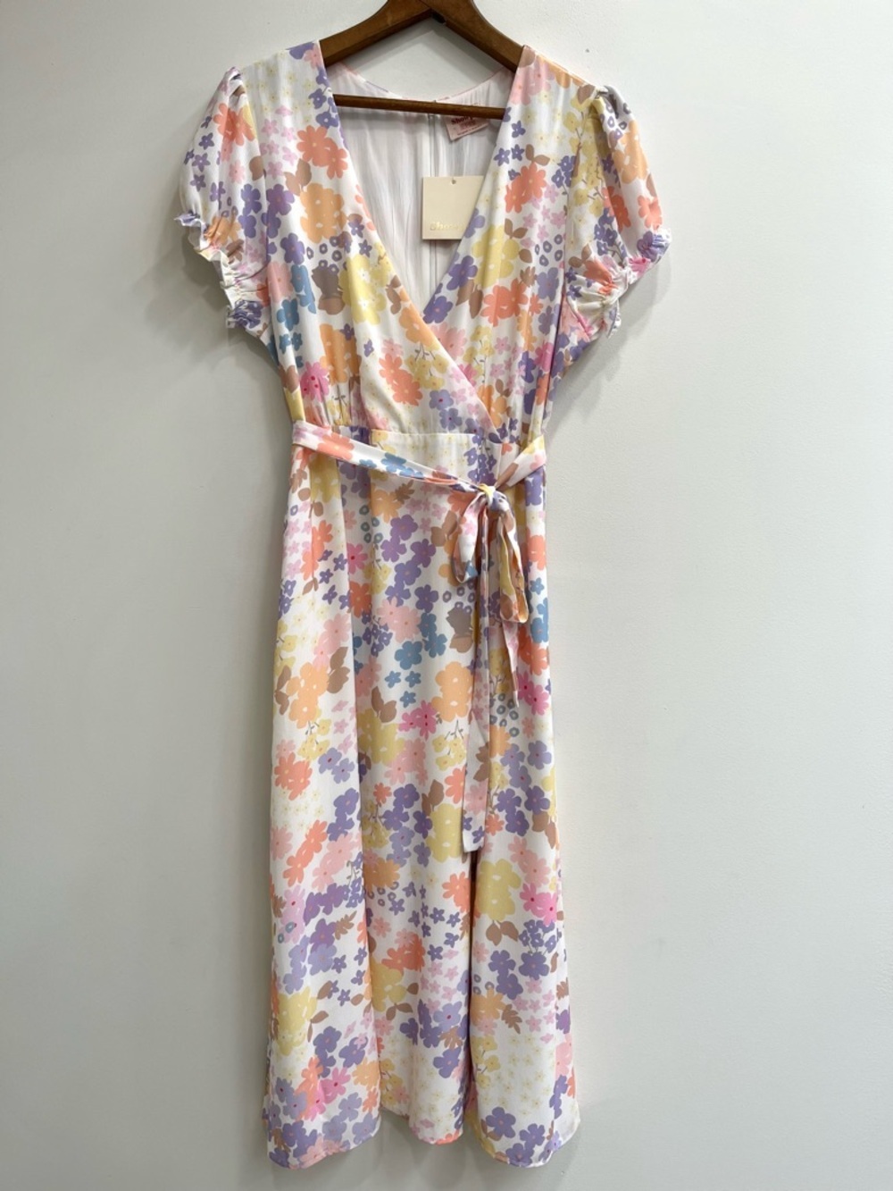 SHOWPO pastel floral Sudden Life midi dress short sleeves front slit size 14